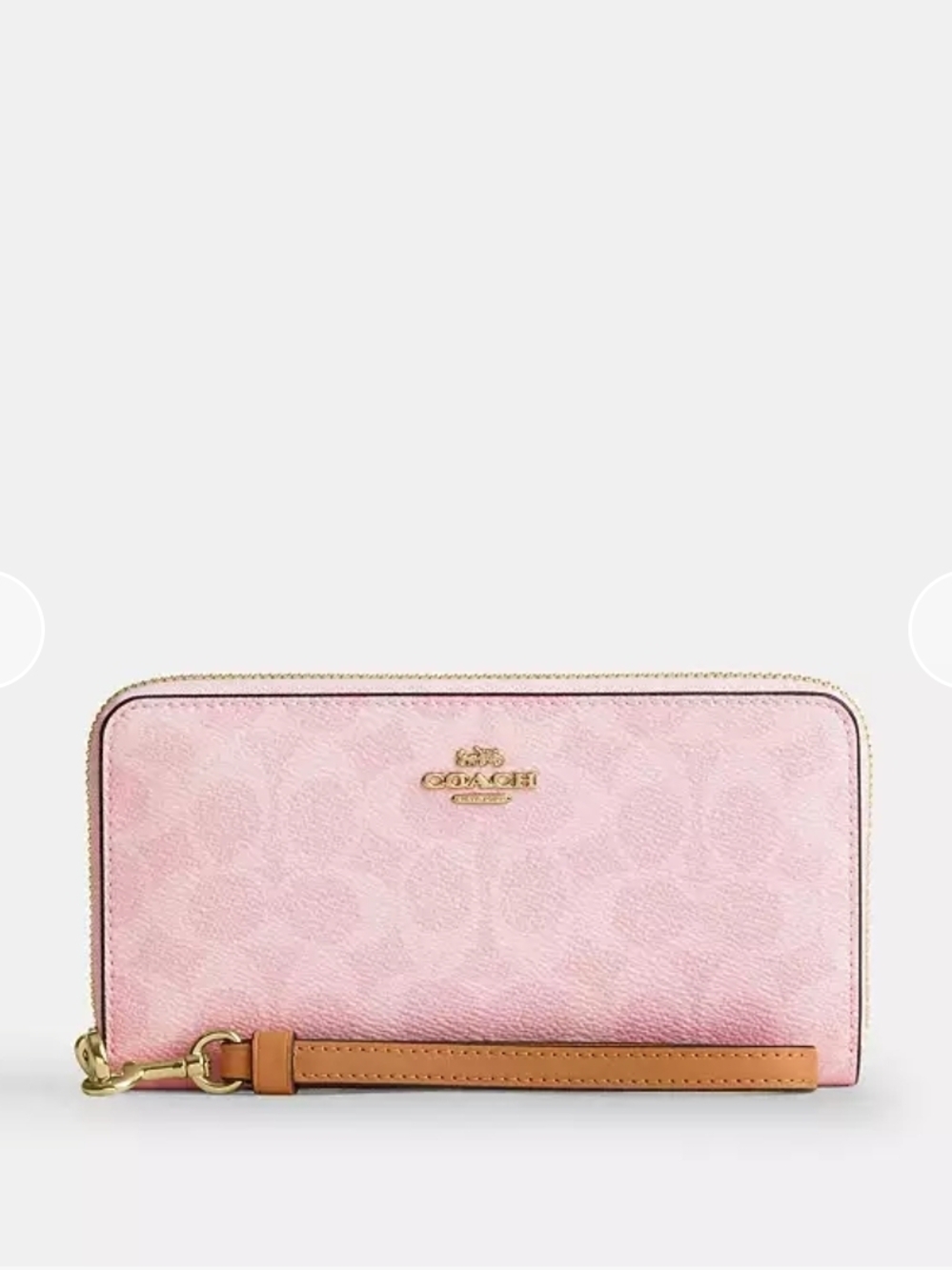 Coach Pink Signature Zip Around Wallet with Tan Wrist Strap